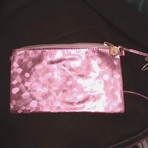 small purple sparkly crossbody handbag with gold zipper